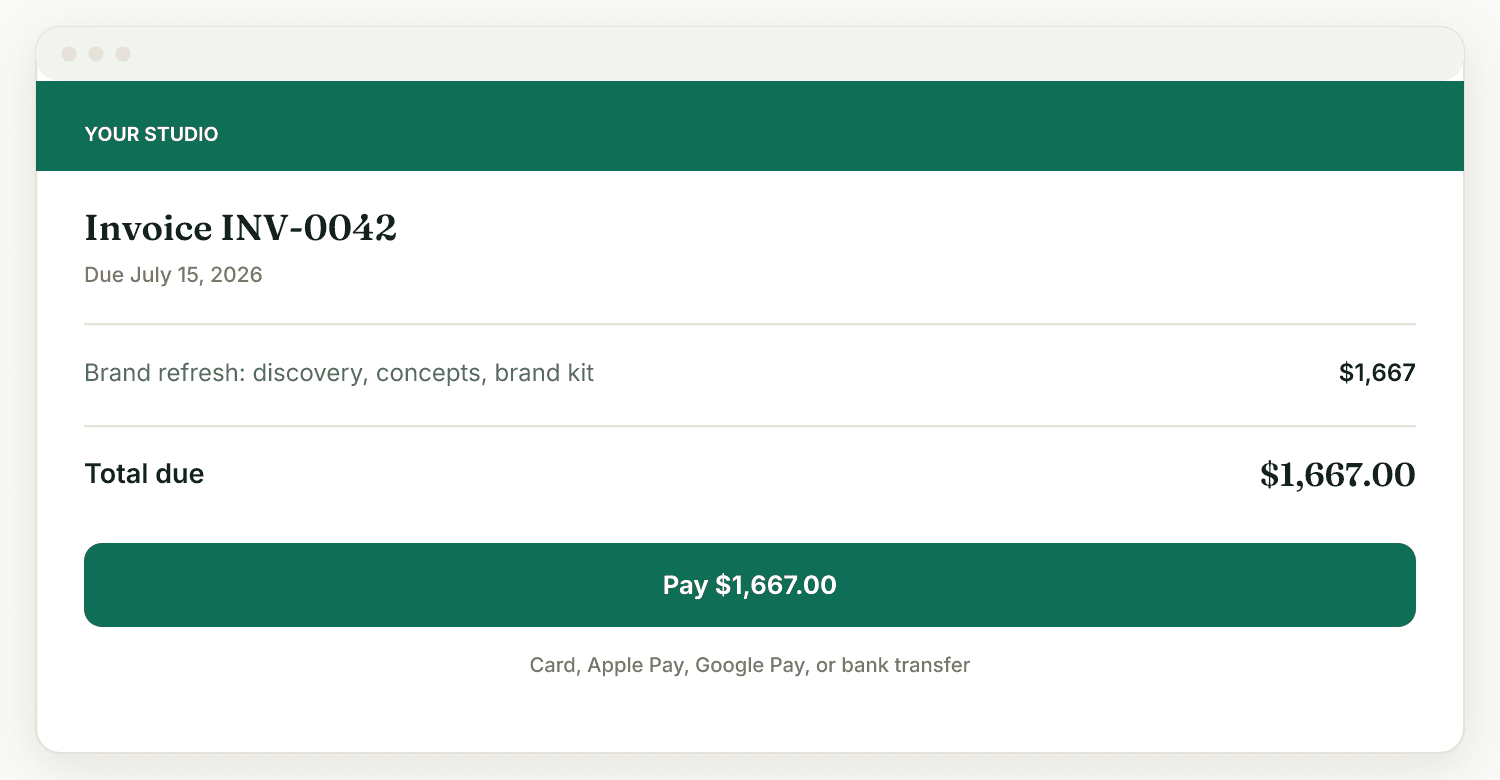 A branded Raoura invoice payment page with a pay button and card, Apple Pay, Google Pay and bank transfer options.