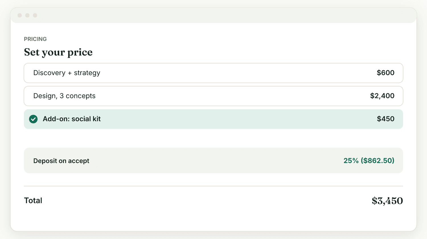 A Raoura proposal showing priced line items, an optional add-on, and a 25 percent deposit taken on acceptance.